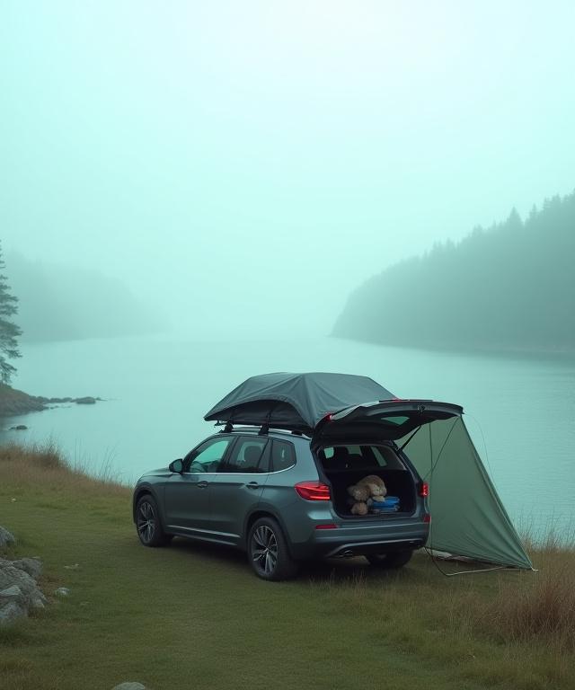 안개 낀 강가를 내려다보는 차박 캠핑 준비된 자동차