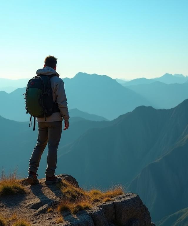 배낭을 멘 솔로 등산객이 산 정상에서 풍경을 바라보고 있다